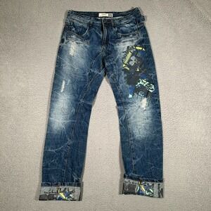 Tuogu Jeans Mens 34x33 Blue Arc Paint Splatter Graphic Moto Touring Denim Casual
